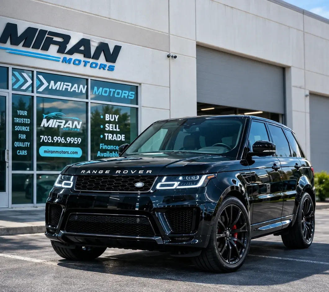 The Miran Motors dealership storefront in Chantilly, Virginia, with a black Range Rover Sport parked out front